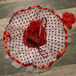 Red and white dance costume with a sequined bodice and tulle skirt.
